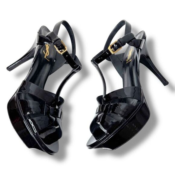 Saint Laurent Tribute Black Patent Leather Platform High Heel Sandals Size 37.5 - Picture 5 of 13